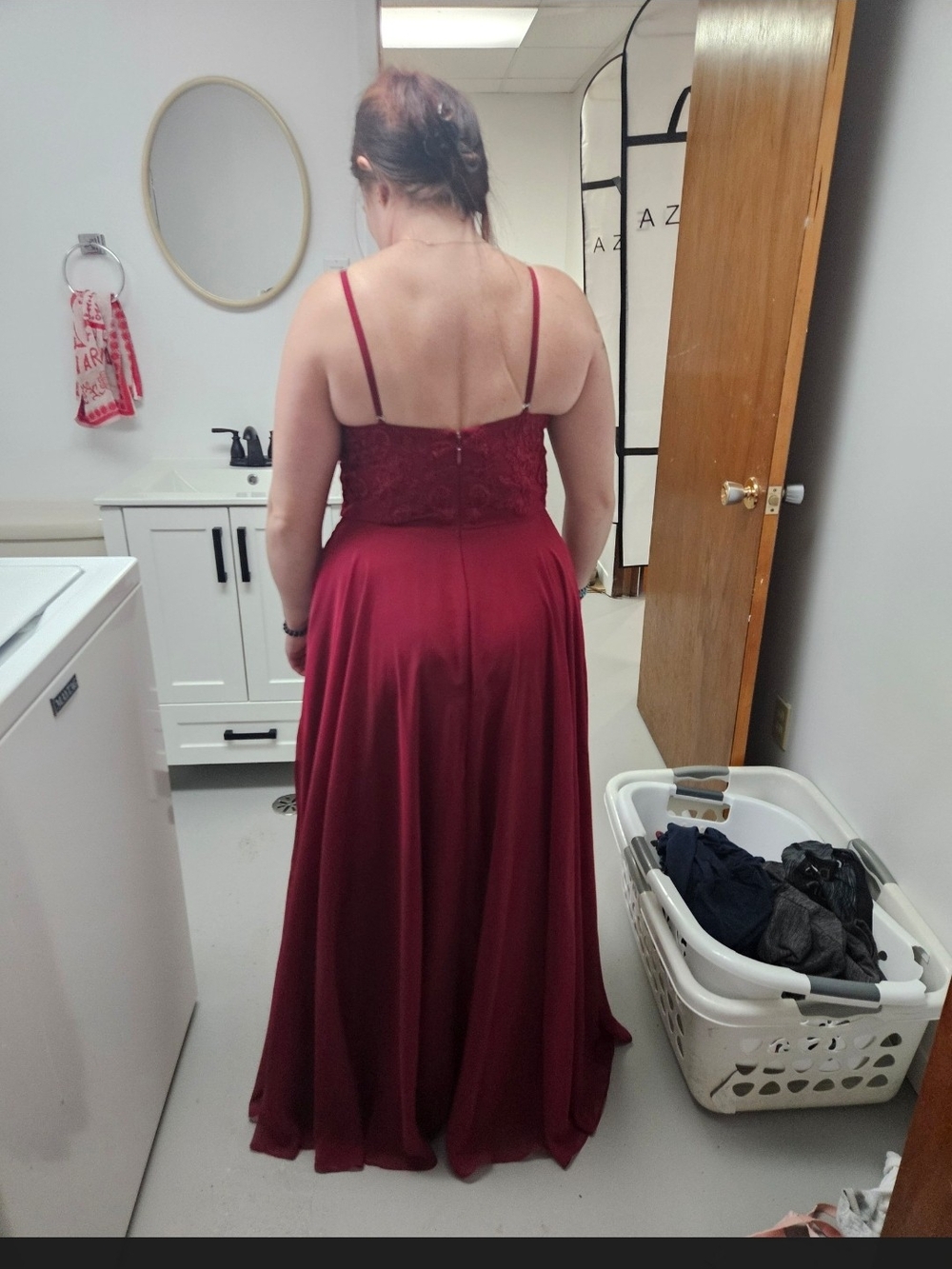 Azazie Burgundy Lace-Bodice Spaghetti-Strap Gown